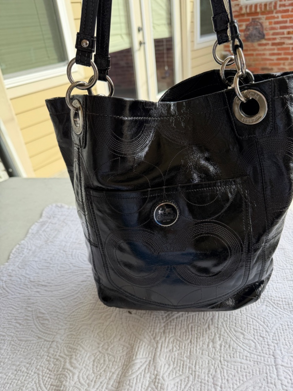 Coach Black Patent Leather Tote with Signature Medallion - Picture 2 of 14